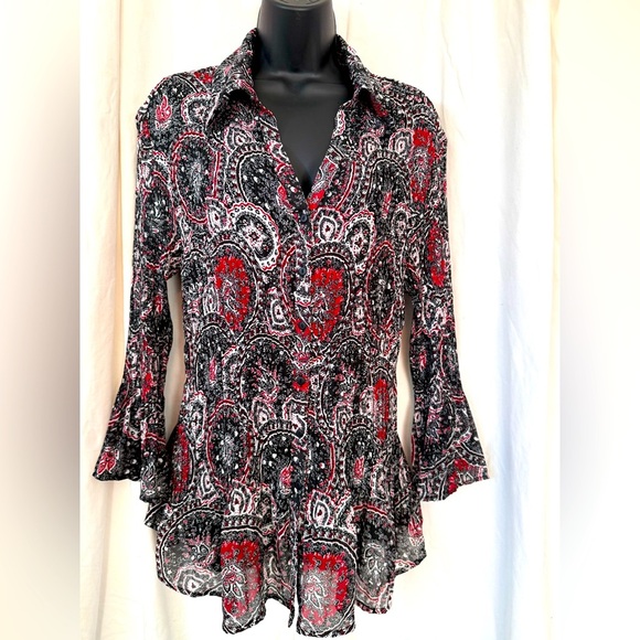 Sunny Leigh Women's Sz 2X Butterfly Wrist Collared V Neck Button down EUC - Picture 1 of 6
